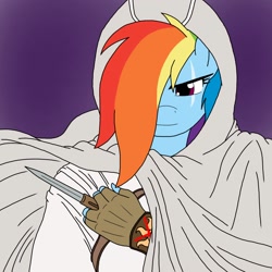 Size: 1000x1000 | Tagged: safe, artist:linedraweer, character:rainbow dash, species:anthro, assassin dash, assassin's creed, cloak, clothing, gloves, hidden blade, knife, scar