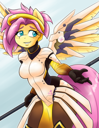 Size: 2550x3300 | Tagged: safe, artist:ambris, character:fluttershy, species:anthro, breasts, busty fluttershy, colored pupils, crossover, cute, female, mercy, mercyshy, overwatch, shyabetes, solo
