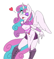 Size: 829x902 | Tagged: safe, artist:ambris, edit, character:princess flurry heart, species:alicorn, species:anthro, species:pony, ;p, boots, clothing, color edit, colored, curved horn, dress, eyeshadow, female, heart, heart eyes, looking at you, makeup, older, older flurry heart, one eye closed, princess emo heart, shorts, simple background, spread wings, teasing, teenage flurry heart, teenager, tongue out, white background, wingding eyes, wings, wink