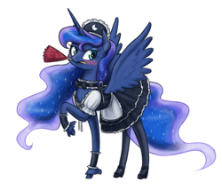 Size: 1280x1096 | Tagged: safe, artist:king-kakapo, character:princess luna, blushing, clothing, cuffs (clothes), dress, duster, female, frilly dress, high heels, maid, mary janes, mouth hold, pantyhose, raised hoof, skirt, solo, stockings, unshorn fetlocks