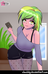 Size: 524x800 | Tagged: safe, artist:clouddg, character:lemon zest, my little pony:equestria girls, big breasts, bra, bra strap, breasts, busty lemon zest, cassette tape, cleavage, clothing, female, fishnet pantyhose, fishnets, looking at you, off shoulder, shorts, smiling, solo, underwear