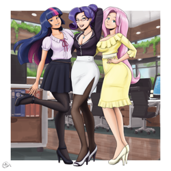 Size: 1925x1925 | Tagged: safe, artist:king-kakapo, artist:megasweet, character:fluttershy, character:rarity, character:twilight sparkle, species:human, beauty mark, breasts, busty fluttershy, busty rarity, clothing, collaboration, colored, dress, female, glasses, high heels, humanized, light skin, lipstick, multiple variants, office, pantyhose, pleated skirt, raised leg, shoes, side slit, skirt, trio, tube skirt