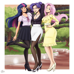 Size: 1925x1925 | Tagged: safe, artist:king-kakapo, artist:megasweet, character:fluttershy, character:rarity, character:twilight sparkle, species:human, beauty mark, breasts, busty fluttershy, busty rarity, cleavage, clothing, collaboration, colored, dress, female, glasses, high heels, humanized, light skin, lipstick, multiple variants, office, pantyhose, pleated skirt, raised leg, shoes, side slit, skirt, trio, tube skirt