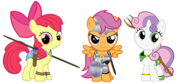 Size: 2146x1008 | Tagged: safe, artist:zacatron94, edit, character:apple bloom, character:scootaloo, character:sweetie belle, species:pegasus, species:pony, archer, armor, arrow, bow (weapon), bow and arrow, cutie mark crusaders, fantasy class, knight, mage, warrior, weapon, wizard