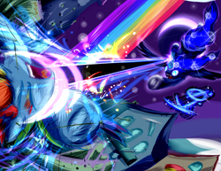 Size: 3600x2784 | Tagged: safe, artist:frist44, character:princess luna, character:rainbow dash, energy blast, fight, moon, versus