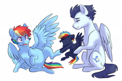 Size: 3000x2000 | Tagged: safe, artist:kianamai, character:rainbow dash, character:soarin', oc, oc:prism bolt, parent:rainbow dash, parent:soarin', parents:soarindash, species:pony, kilalaverse, ship:soarindash, belly, chest fluff, colt, family, female, foal, male, mare, misunderstanding, next generation, offspring, pillow, preggo dash, pregnant, ruffled feathers, sensibly-proportioned pregnancy, shipping, simple background, spread wings, stallion, straight, trio, white background, wings
