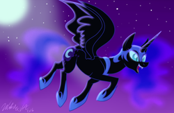 Size: 1024x669 | Tagged: safe, artist:wubcakeva, character:nightmare moon, character:princess luna, species:alicorn, species:pony, female, flying, glowing eyes, mare, moon, night, signature, sky, solo, stars