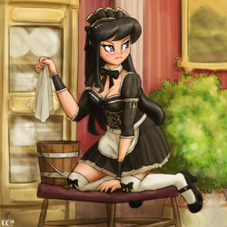 Size: 1280x1280 | Tagged: safe, artist:king-kakapo, character:octavia melody, species:human, angry, blushing, breasts, bucket, busty octavia, cleaning, cleavage, clothing, cuffs (clothes), dress, embarrassed, female, french maid, frown, glare, high heels, humanized, kneeling, looking back, maid, octamaid, socks, solo, sweat, sweatdrop, thigh highs, towel