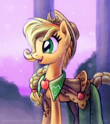 Size: 1000x1125 | Tagged: safe, artist:kp-shadowsquirrel, character:applejack, species:earth pony, species:pony, clothing, dress, female, gala dress, happy, mare, open mouth, profile, smiling, solo