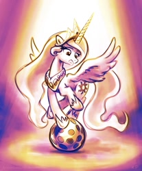 Size: 826x1000 | Tagged: safe, artist:kp-shadowsquirrel, character:princess celestia, species:alicorn, species:pony, balancing, ball, female, mare, monochrome, solo