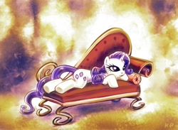 Size: 1000x731 | Tagged: safe, artist:kp-shadowsquirrel, character:rarity, species:pony, species:unicorn, abstract background, couch, fainting couch, female, mare, prone, solo