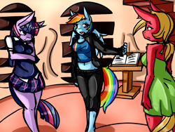 Size: 1024x768 | Tagged: safe, artist:avante92, character:big mcintosh, character:rainbow dash, character:twilight sparkle, species:anthro, series:red gala, ship:rainbowmac, apple family member, breasts, busty macareina, clothing, dress, female, fluffy, macareina, male, midriff, open mouth, rule 63, shipping, short dress, skirt, straight, transformation, transgender transformation