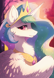 Size: 701x1001 | Tagged: safe, artist:hioshiru, character:princess celestia, species:alicorn, species:pony, beautiful, bust, canterlot, chest fluff, crown, cute, cutelestia, ear fluff, example, feather, female, fluffy, grin, jewelry, lidded eyes, looking at you, mare, necklace, regalia, smiling, solo, sparkles, tree, wings