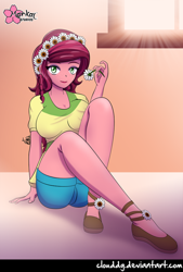 Size: 676x1000 | Tagged: safe, artist:clouddg, character:gloriosa daisy, equestria girls:legend of everfree, g4, my little pony: equestria girls, my little pony:equestria girls, breasts, busty gloriosa daisy, clothing, female, flower, flower in hair, looking at you, shorts, sitting, solo