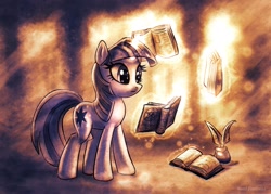 Size: 1675x1200 | Tagged: safe, artist:kp-shadowsquirrel, character:twilight sparkle, species:pony, species:unicorn, book, female, inkwell, magic, mare, monochrome, quill, reading, solo, telekinesis