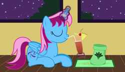 Size: 11200x6400 | Tagged: safe, artist:parclytaxel, oc, oc only, oc:parcly taxel, species:alicorn, species:pony, .svg available, absurd resolution, albumin flask, alicorn oc, bendy straw, cherry, cocktail, eyes closed, food, horn ring, levitation, long bar, magic, night, peanut, pineapple, prone, raffles hotel, sack, singapore, singapore sling, sipping, solo, stars, straw, telekinesis, vector
