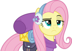 Size: 5000x3608 | Tagged: safe, artist:dashiesparkle, character:fluttershy, ponyscape, episode:dungeons & discords, .svg available, absurd resolution, bags, clothing, earmuffs, female, fluttershy is not amused, raised eyebrow, scarf, simple background, solo, transparent background, unamused, vector, winter outfit