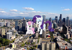 Size: 2138x1480 | Tagged: safe, artist:aethon056, artist:dashiesparkle, artist:theotterpony, character:rarity, character:sweetie belle, cutie mark, giant unicorn, giantess, highrise ponies, irl, macro, mega giant, mega rarity, mega sweetie belle, photo, ponies in real life, seattle, the cmc's cutie marks, vector