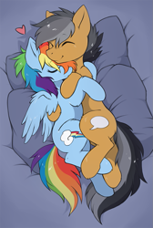 Size: 699x1043 | Tagged: safe, artist:hioshiru, character:quibble pants, character:rainbow dash, species:earth pony, species:pegasus, species:pony, ship:quibbledash, episode:stranger than fanfiction, cuddling, cute, duo, eyes closed, female, heart, male, mare, shipping, smiling, snuggling, stallion, straight