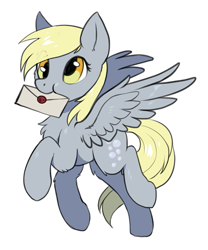 Size: 665x801 | Tagged: safe, artist:hioshiru, character:derpy hooves, species:pegasus, species:pony, :t, chest fluff, cute, derpabetes, female, fluffy, flying, letter, mare, mouth hold, puffy cheeks, simple background, smiling, solo, spread wings, white background, wings
