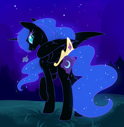 Size: 1073x1100 | Tagged: safe, artist:hioshiru, character:nightmare moon, character:princess luna, species:alicorn, species:pony, :t, angry, butt crown, crown, cute, female, fluffy, glare, jewelry, looking at you, looking back, mare, messy mane, missing accessory, moonabetes, nose wrinkle, plot, puffy cheeks, raised hoof, regalia, scrunchy face, show accurate, snorting, solo