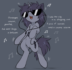 Size: 935x912 | Tagged: safe, artist:hioshiru, oc, oc only, oc:kate, species:pony, bipedal, dancing, earbuds, mp3 player, music notes, open mouth, panic! at the disco, singing, smiling, solo, song reference, sunglasses