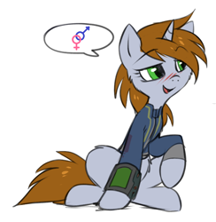 Size: 676x694 | Tagged: safe, artist:hioshiru, edit, oc, oc only, oc:littlepip, species:pony, species:unicorn, fallout equestria, bedroom eyes, blushing, cheek fluff, clothing, cute, fanfic, fanfic art, female, flirting, fluffy, hetero littlepip, hooves, horn, littlepip's suggestions, male, mare, meme, open mouth, out of character, pictogram, pipbuck, simple background, solo, straight, vault suit, white background