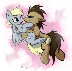 Size: 1074x1056 | Tagged: safe, artist:hioshiru, artist:kejifox, character:derpy hooves, character:doctor whooves, character:time turner, species:earth pony, species:pegasus, species:pony, ship:doctorderpy, abstract background, blushing, collaboration, cuddling, cute, derpabetes, doctorbetes, female, floppy ears, male, mare, profile, shipping, signature, silly, snuggling, stallion, straight, tongue out