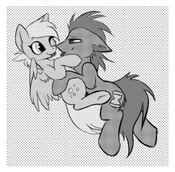 Size: 1074x1056 | Tagged: safe, artist:hioshiru, artist:kejifox, character:derpy hooves, character:doctor whooves, character:time turner, species:pegasus, species:pony, ship:doctorderpy, collaboration, cuddling, female, male, manga, manga style, mare, medibang paint, monochrome, polka dot background, shipping, silly, snuggling, stallion, straight, tongue out