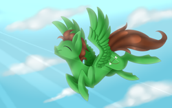 Size: 4500x2819 | Tagged: safe, artist:scarlet-spectrum, oc, oc only, oc:green precision, species:pegasus, species:pony, absurd resolution, commission, crepuscular rays, eyes closed, flying, solo
