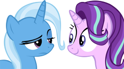Size: 15067x8457 | Tagged: safe, artist:cyanlightning, character:starlight glimmer, character:trixie, species:pony, species:unicorn, absurd resolution, faec, female, mare, simple background, smiling, transparent background, unamused, vector