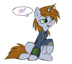 Size: 781x694 | Tagged: safe, artist:hioshiru, edit, oc, oc only, oc:littlepip, species:pony, species:unicorn, fallout equestria, bi-curious, bisexuality, blushing, cheek fluff, clothing, cute, fanfic, fanfic art, female, flirting, fluffy, hooves, horn, littlepip's suggestions, mare, meme, open mouth, pipbuck, pride, simple background, solo, vault suit, white background