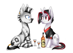 Size: 2733x1974 | Tagged: safe, artist:scarlet-spectrum, oc, oc only, oc:ace high, oc:haefen, species:pony, species:unicorn, species:zebra, alcohol, bottle, clothing, commission, duo, glass, simple background, sitting, transparent background, wavy mouth, whiskey