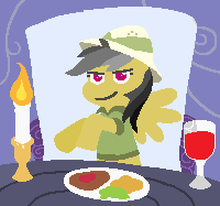 Size: 200x187 | Tagged: safe, artist:threetwotwo32232, character:daring do, body pillow, candle, champagne, daring daki, female, food, open mouth, plate, smiling, smirk, solo, waifu dinner