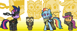 Size: 1106x457 | Tagged: safe, artist:threetwotwo32232, character:owlowiscious, character:rainbow dash, character:scootaloo, character:twilight sparkle, species:pegasus, species:pony, big boss, eyepatch, metal gear, peace walker
