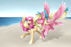 Size: 4200x2797 | Tagged: safe, artist:scarlet-spectrum, oc, oc only, oc:bay breeze, oc:bloom flower, species:earth pony, species:pegasus, species:pony, beach, commission, duo, hair bow
