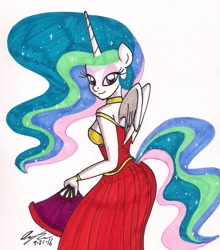 Size: 1269x1441 | Tagged: safe, artist:newyorkx3, character:princess celestia, species:anthro, bedroom eyes, breasts, cleavage, clothing, dress, female, sideboob, solo, traditional art