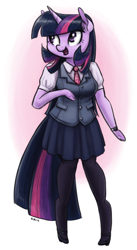 Size: 850x1547 | Tagged: safe, artist:king-kakapo, character:twilight sparkle, species:anthro, species:unguligrade anthro, clothing, cloven hooves, female, hoof hands, looking away, mary janes, multiple variants, necktie, open mouth, pantyhose, pleated skirt, skirt, solo, unshorn fetlocks, vest, watch