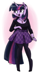 Size: 850x1547 | Tagged: safe, artist:king-kakapo, character:twilight sparkle, species:anthro, species:unguligrade anthro, clothing, cloven hooves, female, hoof hands, jewelry, multiple variants, necklace, open mouth, pantyhose, plaid, pleated skirt, skirt, solo, unshorn fetlocks, watch