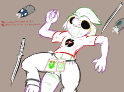Size: 900x666 | Tagged: safe, artist:frist44, character:smarty pants, character:spike, belly button, broken sword, clothing, cosplay, costume, crossover, dave strider, homestuck, implied shining armor, katana, male, plushie, solo, sword, weapon