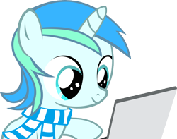 Size: 12629x9942 | Tagged: safe, artist:cyanlightning, oc, oc only, oc:cyan lightning, species:pony, absurd resolution, colt, computer, cute, laptop computer, male, ocbetes, simple background, transparent background, vector