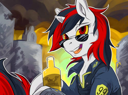 Size: 1280x958 | Tagged: safe, artist:hobbes-maxwell, oc, oc only, oc:blackjack, species:pony, species:unicorn, fallout equestria, fallout equestria: project horizons, alcohol, bottle, clothing, glasses, male, open mouth, solo, stallion, sunglasses, vault security armor, whiskey