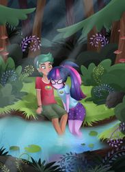 Size: 3300x4500 | Tagged: safe, artist:scarlet-spectrum, character:timber spruce, character:twilight sparkle, character:twilight sparkle (scitwi), species:eqg human, ship:timbertwi, equestria girls:legend of everfree, g4, my little pony: equestria girls, my little pony:equestria girls, absurd resolution, blushing, clothing, crepuscular rays, cute, eyes closed, female, forest, glasses, male, pond, shipping, shorts, straight