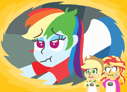 Size: 580x423 | Tagged: safe, artist:threetwotwo32232, character:applejack, character:rainbow dash, character:sunset shimmer, ship:appledash, ship:sunsetdash, equestria girls:legend of everfree, g4, my little pony: equestria girls, my little pony:equestria girls, camp everfree outfits, clothing, cowboy hat, female, freckles, hat, iwtcird, lesbian, meme, scrunchy face, shipping, smiling, sweat