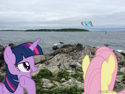 Size: 3264x2448 | Tagged: safe, artist:dashiesparkle, artist:skie-vinyl, character:fluttershy, character:rainbow dash, character:twilight sparkle, character:twilight sparkle (alicorn), species:alicorn, species:pony, building, coast, floating, irl, maine, ocean, photo, ponies in real life, vector