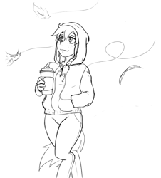 Size: 793x879 | Tagged: safe, artist:dj-black-n-white, oc, oc only, oc:cinnamon cider, parent:applejack, satyr, autumn, clothing, coffee, coffee cup, cup, hoodie, jeans, leaves, monochrome, pants, solo, windy