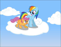 Size: 2154x1683 | Tagged: safe, artist:zacatron94, character:rainbow dash, character:scootaloo, species:pegasus, species:pony, buzzing wings, cloud, cute, cutealoo, dashabetes, excited, flying lesson, scootalove
