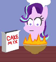 Size: 190x210 | Tagged: safe, artist:threetwotwo32232, character:starlight glimmer, episode:every little thing she does, g4, my little pony: friendship is magic, :|, animated, baking, batter, bowl, cake batter, chef's hat, clothing, epic fail, fail, female, fire, gif, hat, reference, simple background, simpsons did it, solo, table, the simpsons, wat