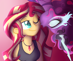 Size: 1024x864 | Tagged: dead source, safe, artist:wubcakeva, character:midnight sparkle, character:sunset shimmer, character:twilight sparkle, character:twilight sparkle (scitwi), species:eqg human, ship:scitwishimmer, ship:sunsetsparkle, my little pony:equestria girls, breasts, bust, cleavage, clothing, colored pupils, female, gradient background, jewelry, kiss on the cheek, kissing, lesbian, midnight sparkle, necklace, no pupils, pink background, shipping, simple background, smiling, sunnight, tank top, upside down
