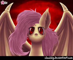 Size: 1083x900 | Tagged: safe, artist:clouddg, character:flutterbat, character:fluttershy, species:bat pony, species:pony, blood moon, female, red eyes, signature, solo